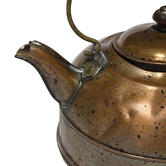 Vintage Copper Hammered Teapot With Wooden Handle Rustic Farmhouse Kitchen Decor - Picture 4 of 12